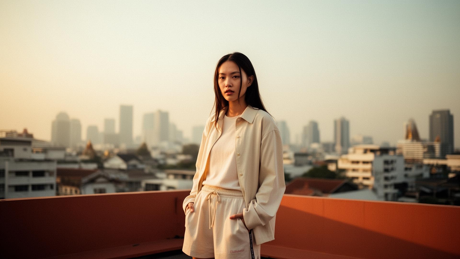 A young woman in minimal cream layers on a Bangkok rooftop at golden hour